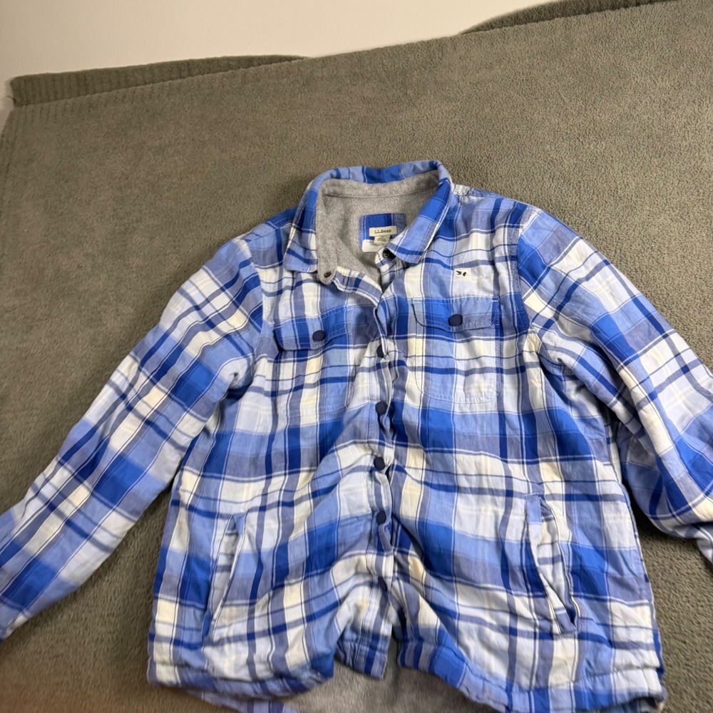 LL Bean Womens M Petite Blue Plaid Fleece Lined Flannel Shirt Jacket Shacket